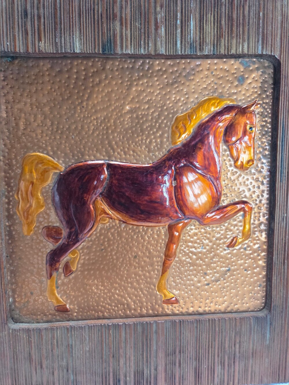 Vintage 70s 3D Hand-hammered Embossed Copper Prancing Horse Framed Wall Artwork